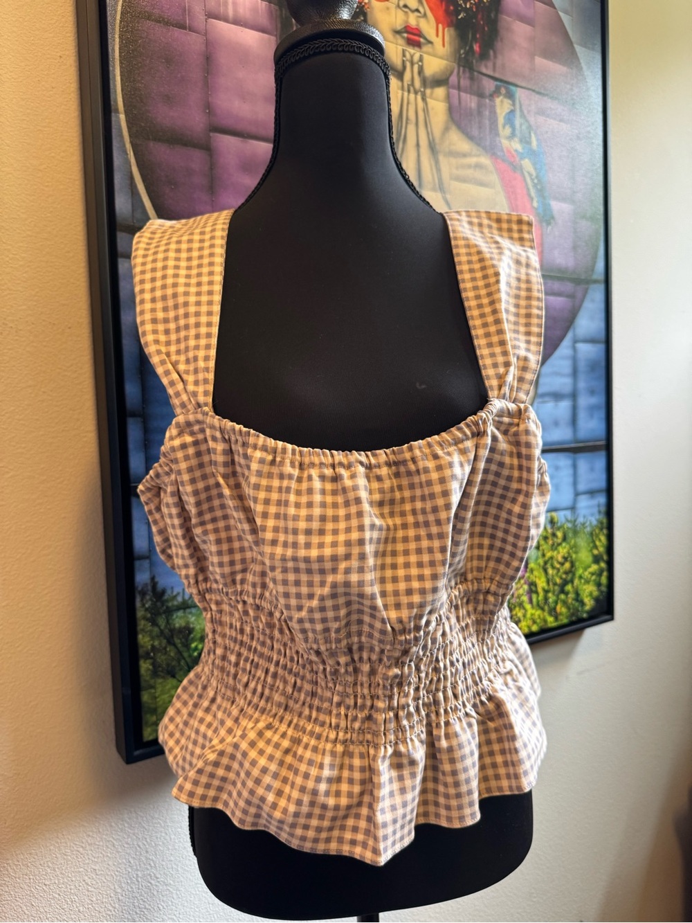 Gingham Square Neck Smocked Peplum Tank Top - Tam/Labendar/White